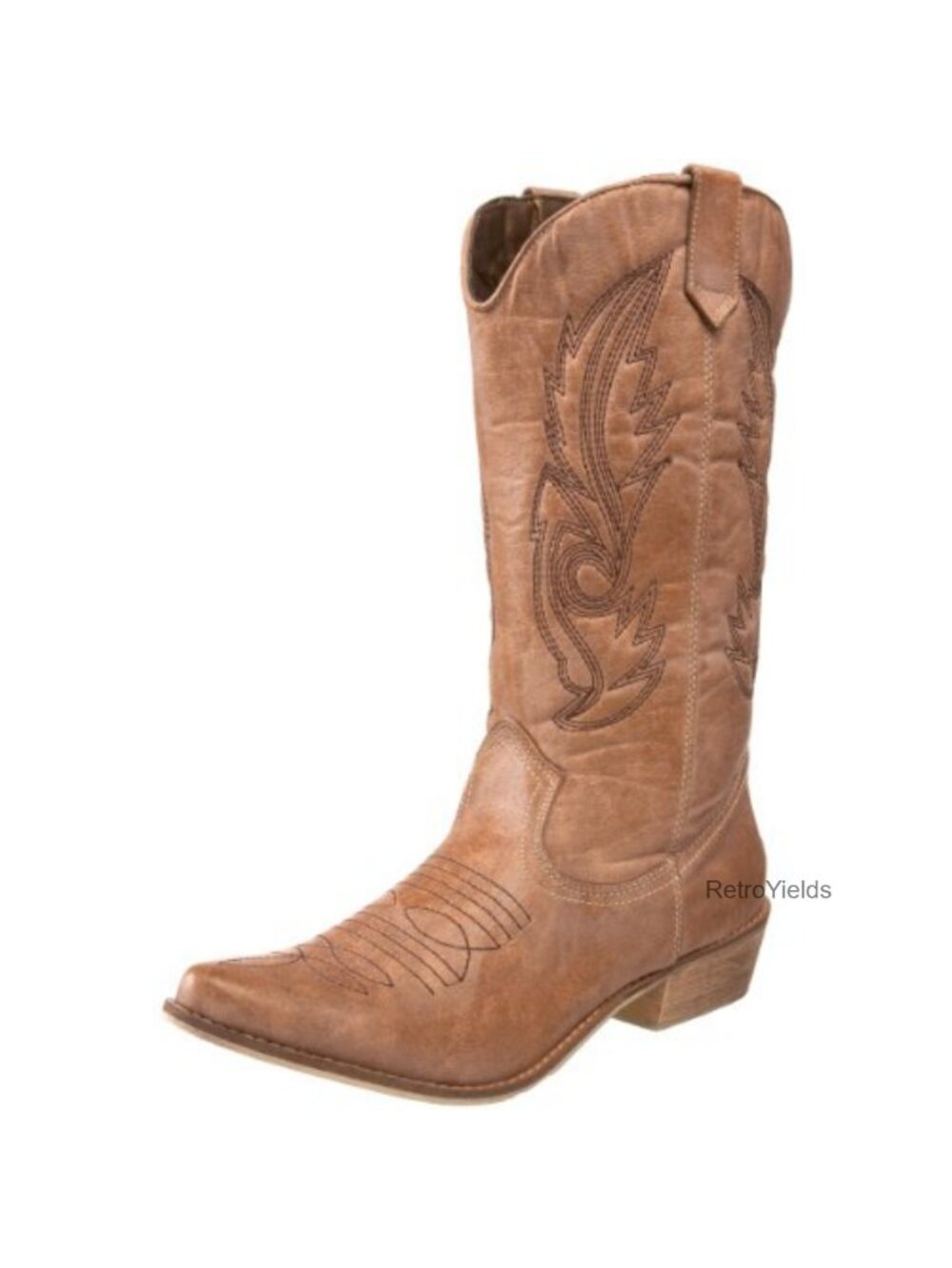 Faux Leather Western Boots Pointed Toe Block Heel Mid-Calf